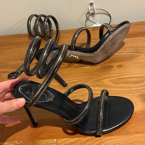 Rene Caovilla Cleo Snake Jeweled Juniper Elegant Black Leather Spiral Heels - Picture 5 of 7